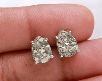 Natural Pyrite Pear Shape Stud Earrings, Sterling Silver Minimalist Jewelry