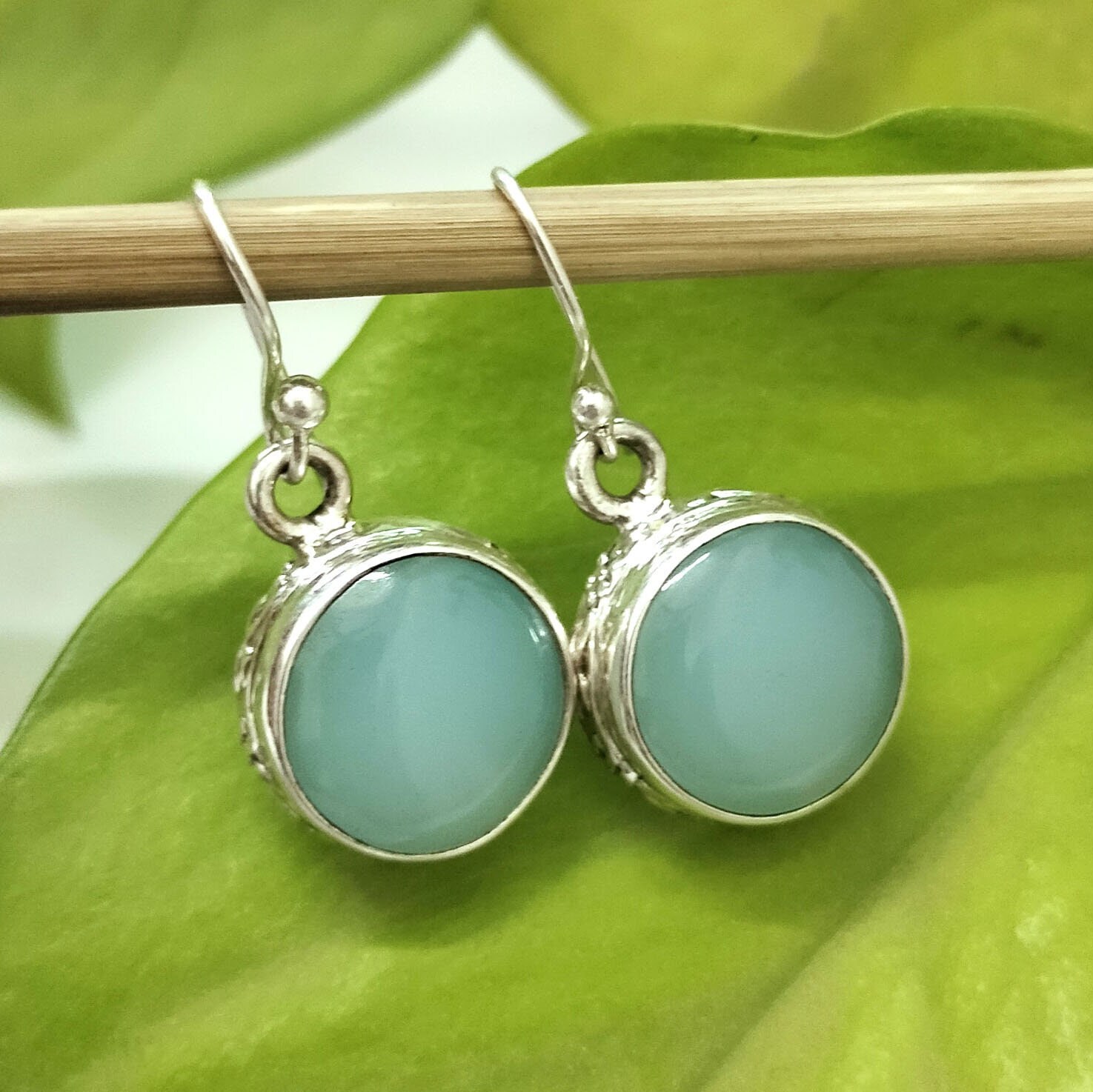 Orecchini Pendenti In Argento 925 Con Calcedonio Blu/Verde - 9 Cm - Confezione Regalo - 2