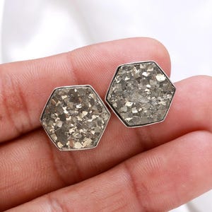 Natural Pyrite Hexagon Stud Earrings, 925 Sterling Silver Anniversary Jewelry, Vintage Earrings , Minimalist Design Earrings, Birthday Gift