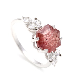Strawberry Quartz Hexagon Ring: 925 Sterling Silver Minimalist Jewelry