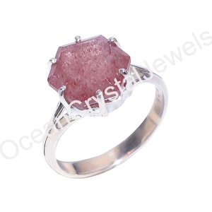 Strawberry Quartz Hexagon Ring: Vintage 925 Sterling Silver, Healing Crystal