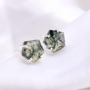 Natural Moss Agate Pentagon Stud Earrings, Sterling Silver Handmade Jewelry