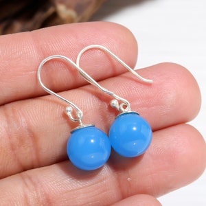 Natural Blue Chalcedony Ball Dangle Earrings, 925 Sterling Silver Handmade Jewelry, Vintage Earrings, Cabochon Earrings, Boho Birthday Gift