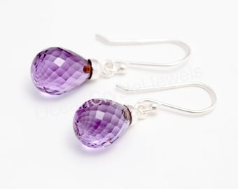 Pendiente de lágrima de amatista natural, joyería de plata de ley 925, pendiente colgante de corte briolette, pendientes de piedra morada, regalo de cumpleaños para una pareja.