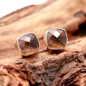 Natural Smoky Quartz Cushion Stud Earrings, 925 Sterling Silver Minimalist Jewelry, Handmade Studs, Brown Stone Studs, Birthday Gift For Her