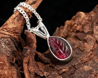 Natural Watermelon Tourmaline Leaf Pendant Necklace, 925 Sterling Silver Minimalist Jewelry