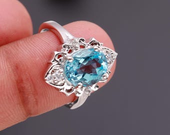 Natural Sky Blue Topaz Sterling Silver Ring, Oval Cut, Delicate Jewelry