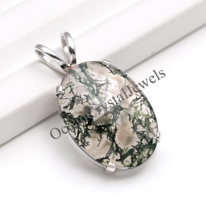 Natural Moss Agate Oval Shape Pendant, 925 Sterling Silver Vintage Jewelry, Delicate Pendant, Unique Pendant, Chunky Pendant, Birthday Gift
