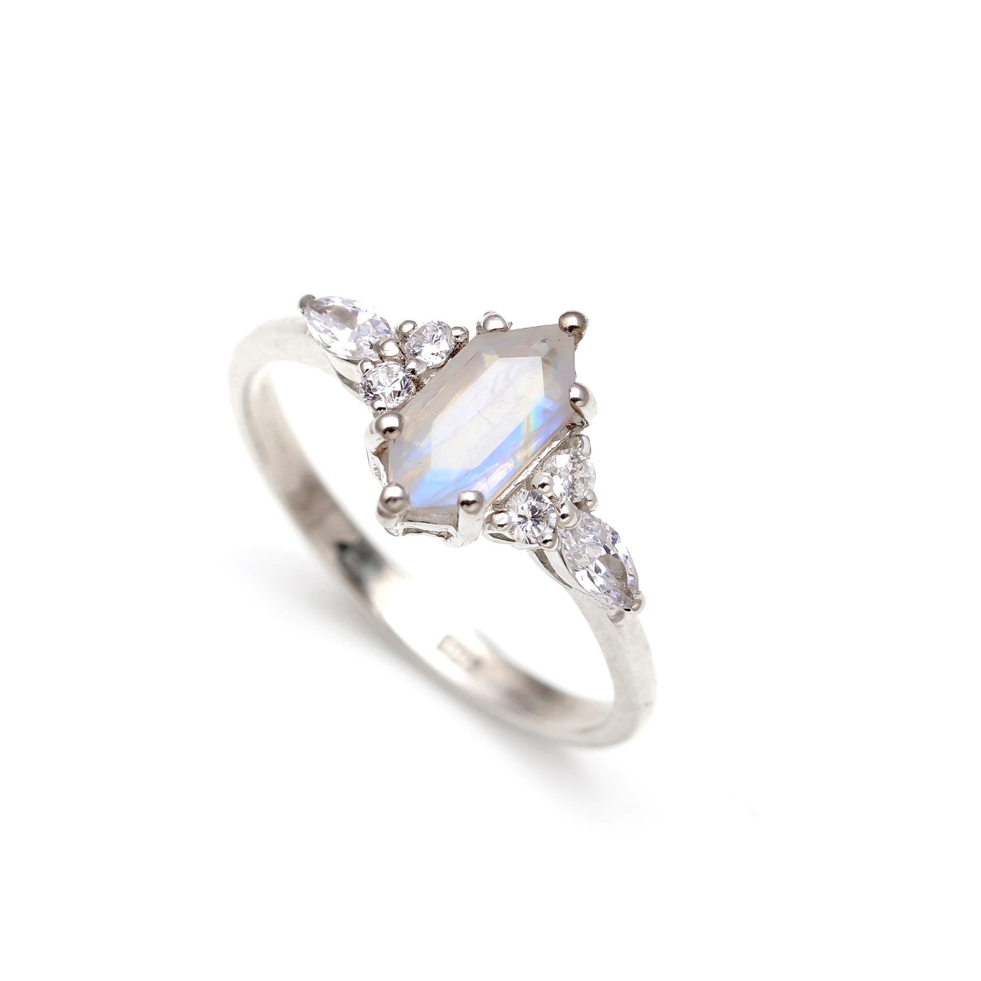 Natural Rainbow Moonstone Hexagon Ring, 925 Sterling Silver Healing Jewelry, Vintage Ring, Boho Propose Ring, Ring For Lovers, Birthday Gift