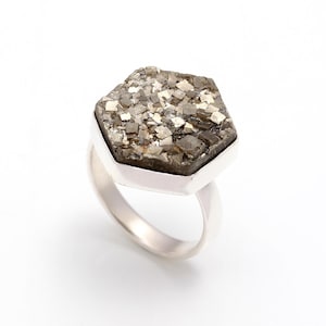 Pyrite Hexagon Ring: Vintage 925 Sterling Silver Engagement Jewelry