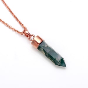 Natural Moss Agate Pencil Shape Pendant, 925 Sterling Silver Delicate Jewelry, Vintage Pendant, Rose Gold Plated, Birthday Gift For Lovers