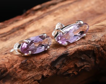 Natural Pink Amethyst Oval Stud, 925 Sterling Silver Jewelry, Unique Rose De France Earrings, Birthday Gift, Wedding Gift, Gift For Lovers,