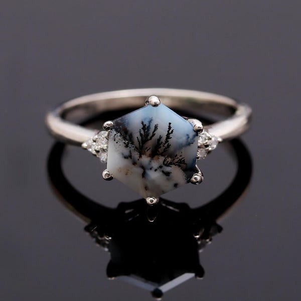 Anello esagonale in agata dendritica naturale, argento sterling, gioiello delicato con pietra bianca