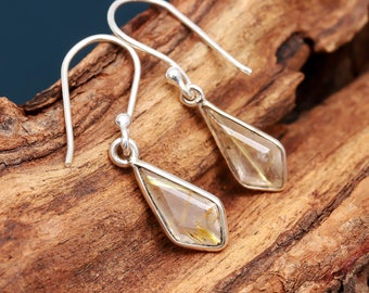 Natural Golden Rutile Kite Earrings, Sterling Silver Handmade Jewelry, Rutilated Quartz