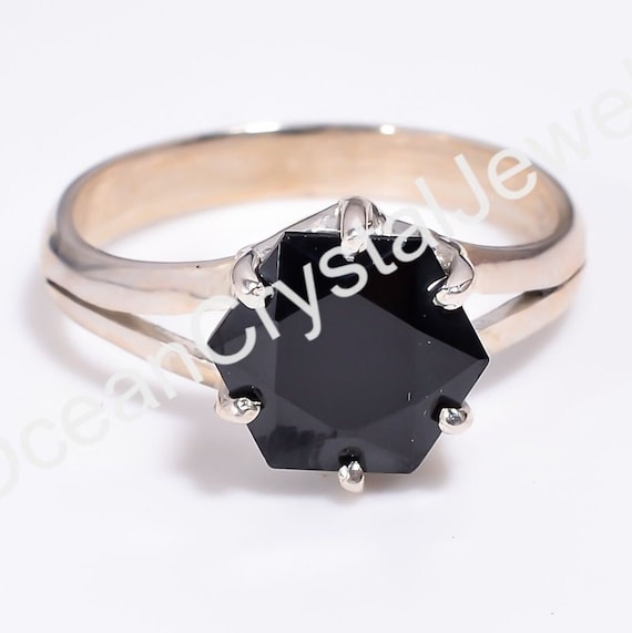 100% Natural Black Onyx Hexagon Ring, 925 Sterling Silver Handmade 