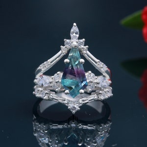 Anillo de fluorita arcoíris con forma de cometa, anillo de fluorita azul, plata de ley 925, regalo de cumpleaños, joyería, anillo de corona, anillo de compromiso, regalo de Navidad