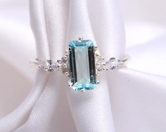 Natural Sky Blue Topaz Octagon Ring, 925 Sterling Silver, Delicate Engagement Ring