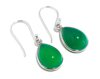 Natural Green Onyx Silver Earring, 925 Sterling Solid Silver, Dangle Earring, Green Agate Teardrop Earring, Wedding Gift, Birthday Gift,