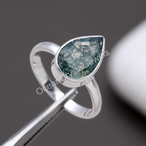 Natural Moss Agate Pear Shape Ring, 925Sterling Silver Vintage Ring, Healing Crystal Ring, Dainty Ring, Handmade Ring, Birthday Gift For Her