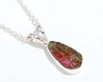 Natural Carved Tourmaline Pendant, 925 Sterling Silver Delicate Jewelry, Vintage Style