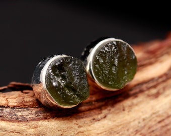 Raw Moldavite Sterling Silver Stud Earrings, Genuine Czech Healing Gemstone