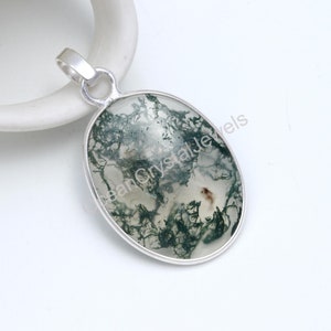 Natural Moss Agate Oval Shape Pendant, 925 Sterling Silver Handmade Jewelry, Vintage Pendant, Chunky Necklace, Birthday Gift For Lovers