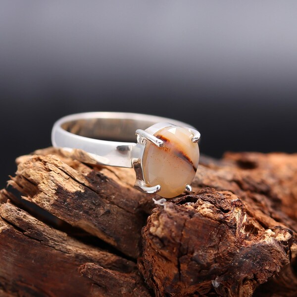 Natural Montana Agate Oval Ring, 925 Sterling Silver Ring with Stone, Montana Agate Jewelry, Handmade Ring Birthday Gift, engagement Ring,