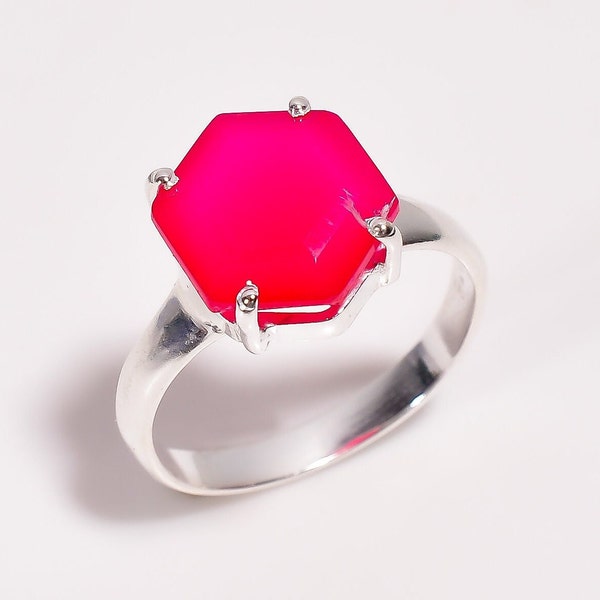 Hot Pink Chalcedony Ring, 925 Sterling Silver Ring, Statement Ring, Hexagon Chalcedony Ring For Women, Engagement Ring, Birthday Gift,