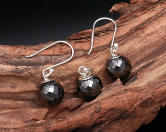 Natural Hematite Balls Pendant Earrings Set, 925 Sterling Silver Jewelry Set, Birthday Gift, Unique Vintage Jewelry, Wedding Gift Jewelry,