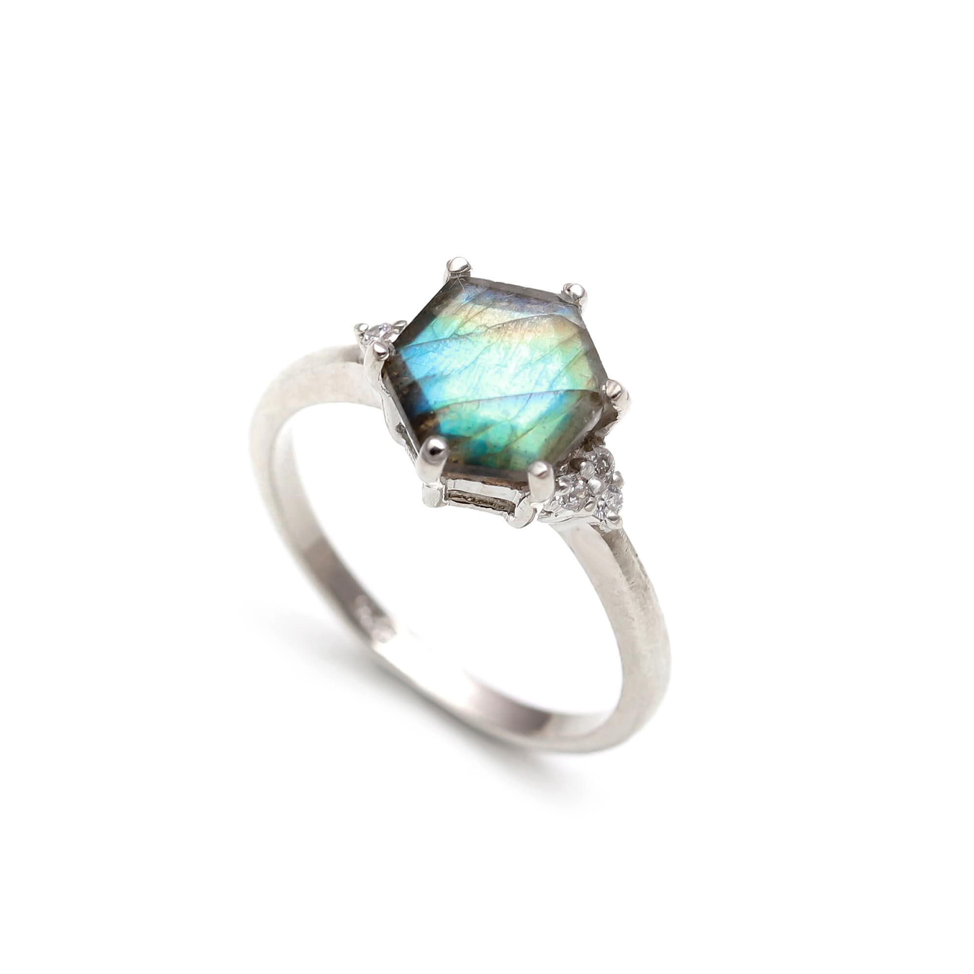 Natural Rainbow Labradorite Hexagon Ring, 925 Sterling Silver