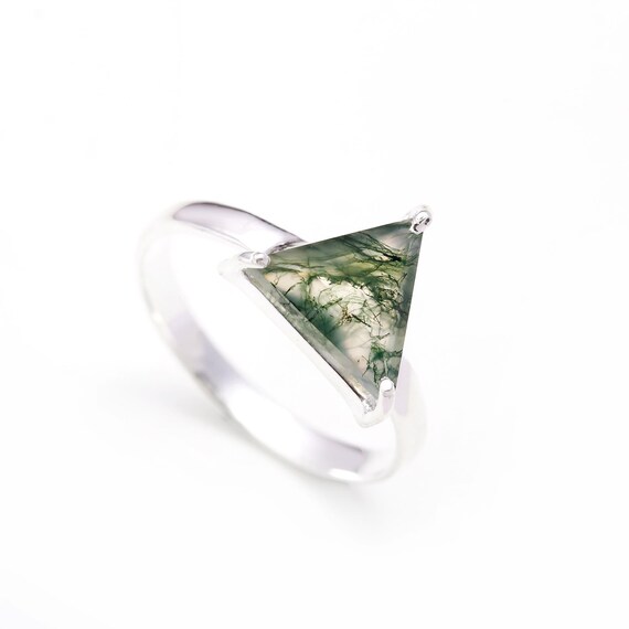 Moss Agate Triangle Ring: 925 Sterling Silver, Handmade Moss Agate Triangle Ring: 925 Sterling Silver, Handmade