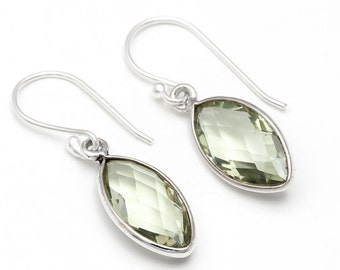 Natural Green Amethyst Marquise Dangle Earrings, Sterling Silver Handmade Jewelry