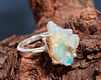 Raw Ethiopian Opal Ring, Uncut Gemstone, 925 Sterling Silver Healing Jewelry