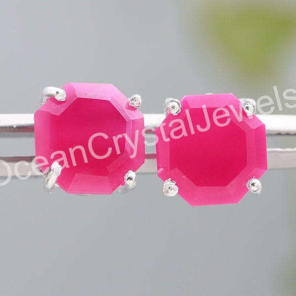 Natural Hot Pink Chalcedony Stud Earrings, 925 Sterling Silver Jewelry, Hexagon Shape Studs for Women, Handmade Earrings, Vintage Studs, 3Gm