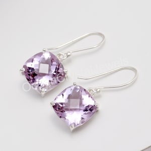 Pendiente de amatista rosa natural con forma de cojín, joyería vintage de plata de ley 925, pendientes colgantes Rose de France, pendientes elegantes, regalo de cumpleaños