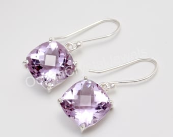 Pendiente de amatista rosa natural con forma de cojín, delicado pendiente vintage de plata de ley 925, Rose de France, regalo de cumpleaños para enamorados.