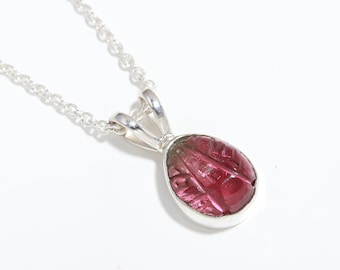 Natural Tourmaline Leaf Carved Cut Pendant, 925 Sterling Silver, Handmade Jewelry