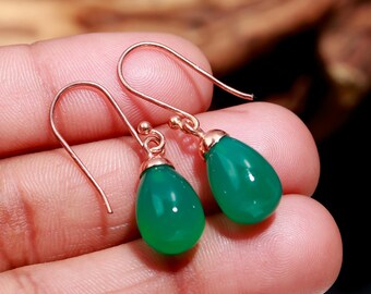 Natural Green Onyx Teardrop Dangle Earrings, 925 Sterling Silver Handmade Jewelry