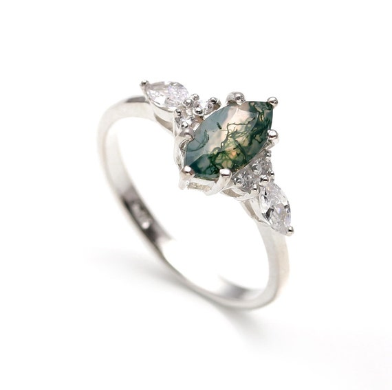 Bague Ancienne En Argent 925 Et Agate Verte - Taille 55/56, Occasion Vintage