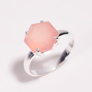 Rose Quartz Hexagon Ring: 925 Sterling Silver Vintage Jewelry