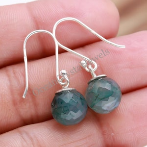 Natural Moss Agate Ball Dangle Earrings, 925 Sterling Silver Vintage Jewelry, Earrings For Lovers, Boho Minimalist Earrings, Birthday Gift