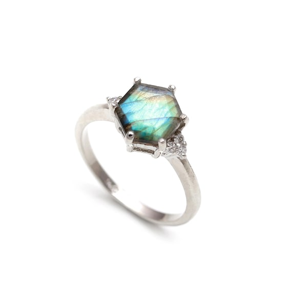 Natural Rainbow Labradorite Hexagon Ring, 925 Sterling Silver