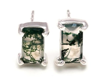Natural Moss Agate Octagon Stud Earrings, 925 Sterling Silver Vintage Jewelry