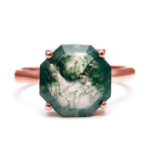 Natural Moss Agate Octagon Ring, 925Sterling Silver Dainty Jewelry, Vintage Ring, Rose Gold Plated, Boho Ring, Christmas Ring, Birthday Gift