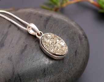 Natural Pyrite Oval Pendant, 925 Sterling Silver Minimalist Necklace, Healing Crystal Jewelry