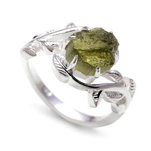 Genuine Czech Republic Moldavite Hexagon Ring, 925 Sterling Silver Engagement Jewelry, Green Moldavite Ring, Leaf Design Ring, Birthday Gift
