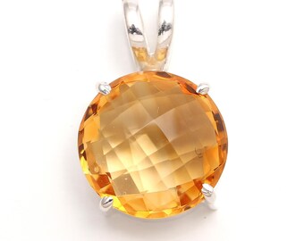 Natural Citrine Round Pendant, 925 Sterling Silver Handmade Vintage Jewelry