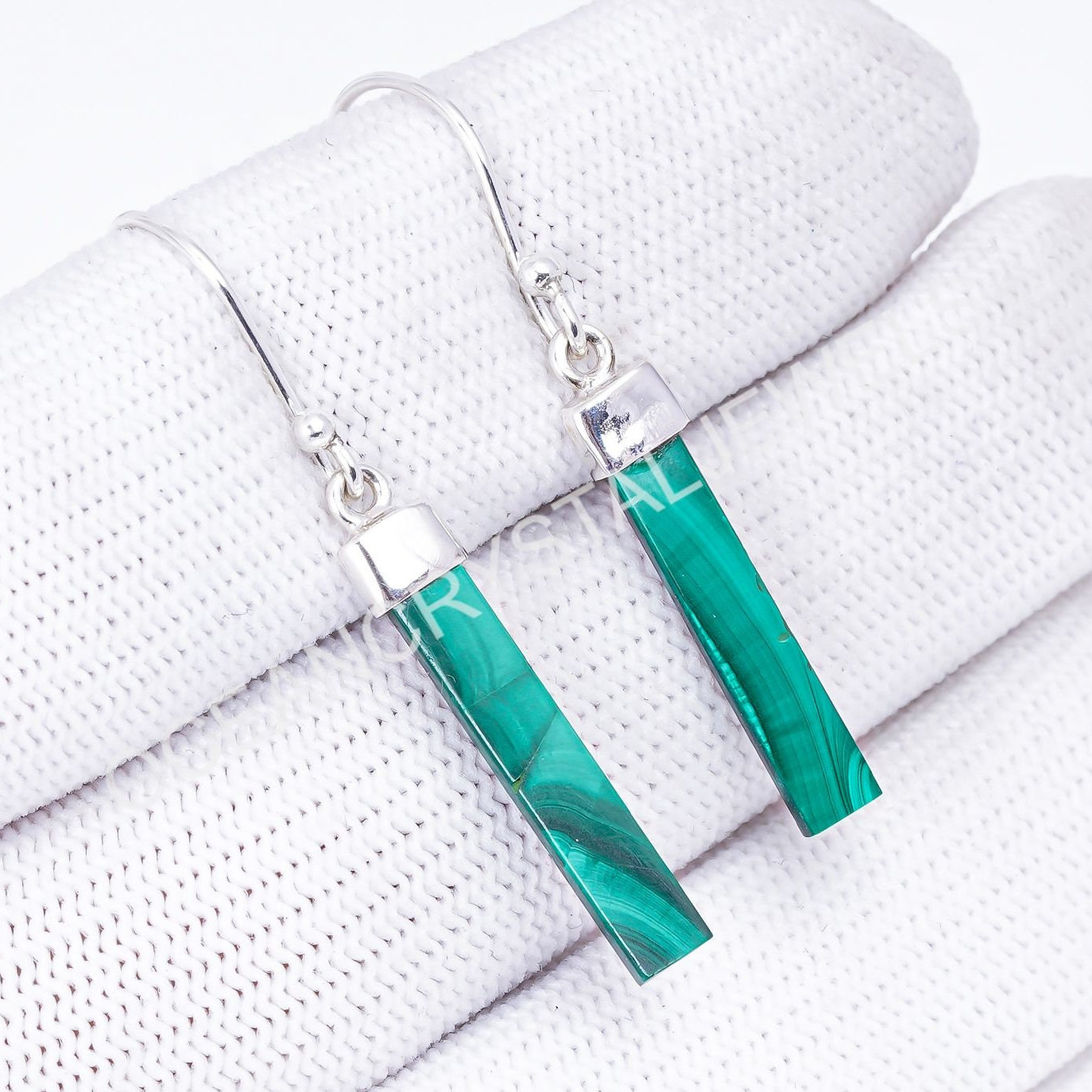 Natural Malachite Baguette Sterling Silver Dangle Earrings, Minimalist…