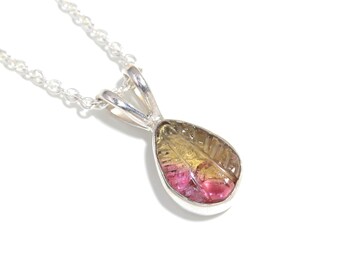 Natural Bio Tourmaline Carved Pendant, 925 Sterling Silver Vintage Jewelry, Delicate Leaf Design