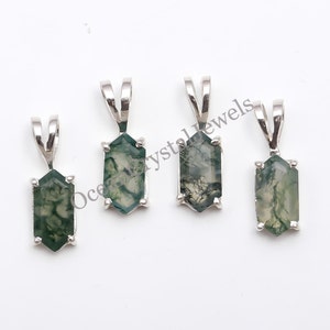 Moss Agate Hexagon Pendant: Sterling Silver Modernist Jewelry